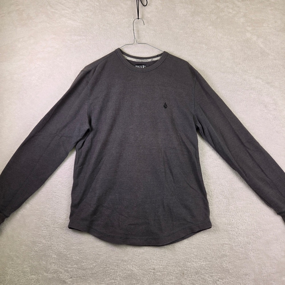 Mens Charcoal Gray Waffle Knit Thermal Long Sleeve Crew Neck Shirt Size L